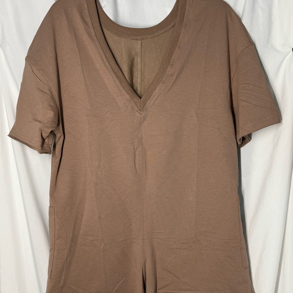 Brown Deep V-Neck Women's Romper Reversible pockets Oversized XS NWOT